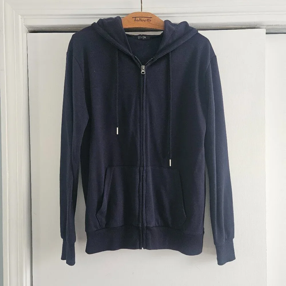 Basic Lightweight Zip Up Hoodie Long Sleeve Large Navy Hooded Sweatshirt - Picture 3 of 6